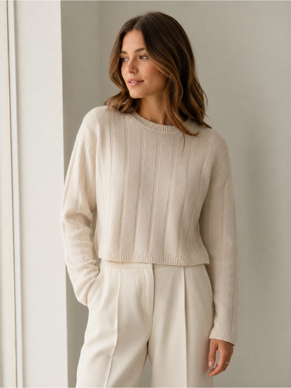 Naked Cashmere 100% Cashmere Cream Ribbed Cropped Sweater XS Quiet Luxury
